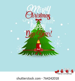 Christmas Greeting Card with Merry Christmas lettering and Christmas tree, vector illustration.