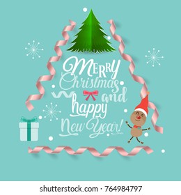 Christmas Greeting Card with Merry Christmas lettering and Christmas tree, vector illustration.