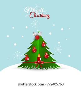 Christmas Greeting Card with Merry Christmas lettering and Christmas tree, vector illustration.