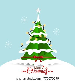 Christmas Greeting Card with Merry Christmas lettering and Christmas tree, vector illustration.