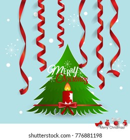 Christmas Greeting Card with Merry Christmas lettering and Christmas tree, vector illustration.