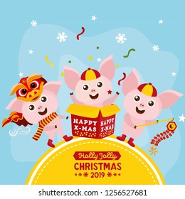 Christmas greeting card. Merry Christmas letters. Three little funny pigs for decorations of holiday prints. Holly jolly. Christmas illustration. Animal holiday cartoon character.