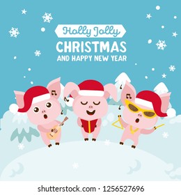 Christmas greeting card. Merry Christmas letters. Three little funny pigs for decorations of holiday prints. Holly jolly. Christmas illustration. Animal holiday cartoon character.