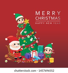 Christmas greeting card. Merry christmas with santa claus and elfs with christmas decoration.