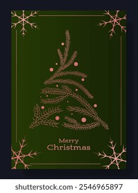 Christmas greeting card with Merry Christmas text. Dark green background featuring a gold fir tree made of pine branches, decorative dots, and snowflakes in corners. Elegant, festive, seasonal winter