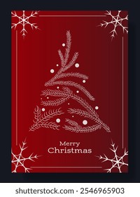 Christmas greeting card with Merry Christmas text. Red background featuring a gold fir tree made of pine branches, decorative dots, and snowflakes in corners. Elegant, festive, seasonal winter holiday
