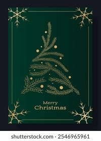 Christmas greeting card with Merry Christmas text. Dark green background featuring a gold fir tree made of pine branches, decorative dots, and snowflakes in corners. Elegant, festive, seasonal winter