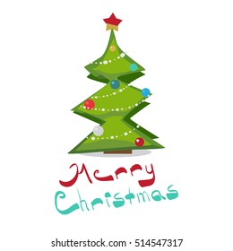 Christmas Greeting Card. Merry Christmas tree lettering, vector illustration