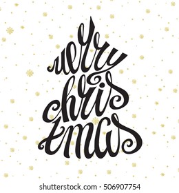 Christmas Greeting Card. Merry Christmas vector handwriting lettering. Vintage grey snowflakes background with white words.Christmas tree shape .Calligraphy design.Retro Illustration