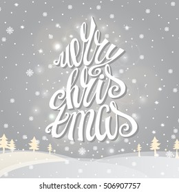 Christmas Greeting Card. Merry Christmas vector handwriting lettering. Vintage grey snowflakes background with white words.Christmas tree shape .Calligraphy design.Retro Illustration