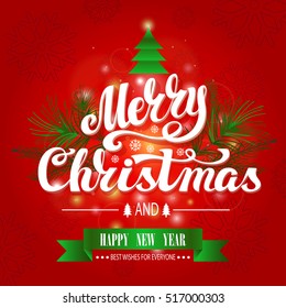 Christmas Greeting Card. Merry Christmas vector handwriting lettering. Vintage red background,bokhe lightin.New Year wishes.Christmas tree,ribbon. Calligraphy design.Illustration