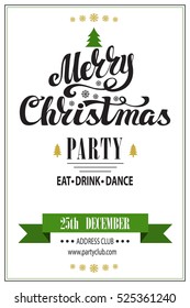Christmas Greeting Card. Merry Christmas vector handwriting lettering in christmas fir tree shape. Vintage background with green ribbon.New Year wishes.Quotes,ribbon. Calligraphy design.Illustration
