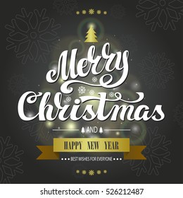 Christmas Greeting Card. Merry Christmas vector handwriting lettering in christmas fir tree shape. Vintage grey background,bokhe lighting.New Year wishes.Stars,ribbon. Calligraphy design.Illustration