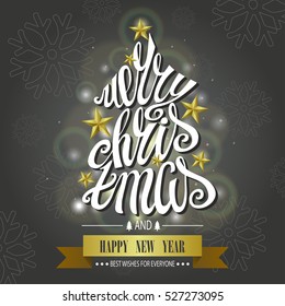 Christmas Greeting Card. Merry Christmas vector handwriting lettering in christmas fir tree shape. Vintage grey background,bokhe lighting.New Year wishes.Quotes,ribbon. Calligraphy design.Illustration