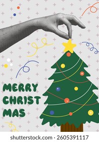 Christmas greeting card. Merry Xmas, postcard with hand, fir tree decorated with bauble, star, garland and ornament. Festive spruce for holiday, winter celebration, party poster. Vector illustration.