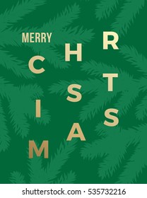 Christmas Greeting Card with Minimalistic Branch Pattern and Modern Typography Gold Foil Letters. Green Tree Background.