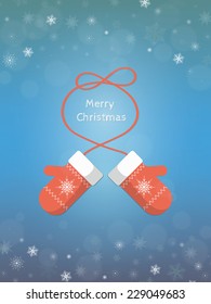 Christmas greeting card with mittens. Christmas background. Christmas invitation. Knitted red mittens. Christmas and New Year card template. Winter background with white snowflakes and bokeh. Vector