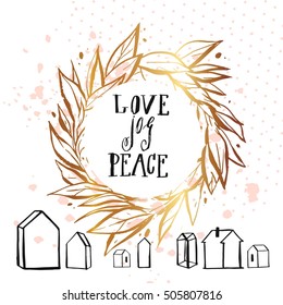 Christmas Greeting Card with modern handwritten ink Peace, Joy, love lettering. Template for New 2017 Year Cards, Scrapbooking, Stickers, Planner, Invitations.