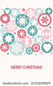 Christmas greeting card in modern style. Decorated ball and snowflakes. Vector illustration