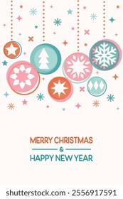 Christmas greeting card in modern style. Decorated ball and snowflakes. Vector illustration