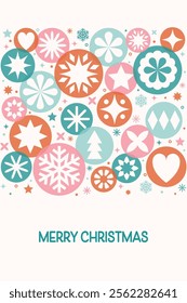 Christmas greeting card in modern style. Decorated ball and snowflakes. Vector illustration