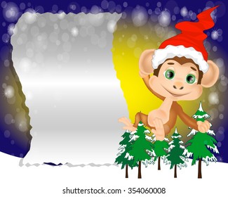 Christmas Greeting Card with the monkey. Letter to Santa Claus. Merry Christmas Lettering