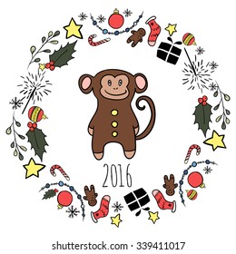Christmas greeting card with monkey. Vector circular wreath
