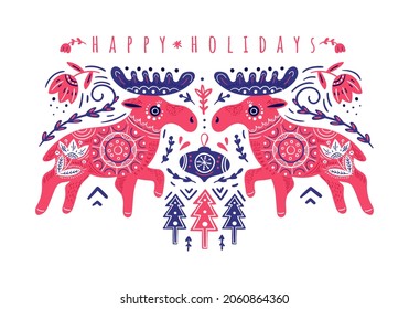 Christmas greeting card with moose. Happy holidays. Vector Christmas card, folklore style. 