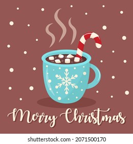 Tarjeta de felicitación navideña con taza de chocolate caliente, malvaviscos y bastón de caramelo. Feliz texto de Navidad. Está nevando. 