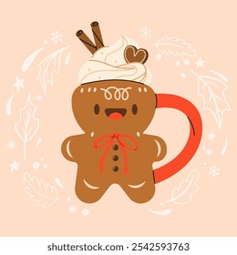 Christmas greeting card with Mug in shape of gingerbread. Cocoa or coffee decorated with whipped cream, marshmallow and candy cane. Seasonal flavored products, cards for New Year or winter holidays. 