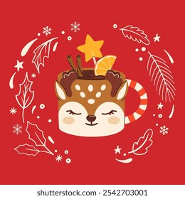 Christmas greeting card with Mug in shape of Deer. Cocoa or coffee decorated with whipped cream, marshmallow and candy cane. Seasonal flavored products, cards for New Year or winter holidays.