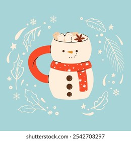 Christmas greeting card with Mug in shape of Snowman. Cocoa or coffee decorated with whipped cream, marshmallow and candy cane. Seasonal flavored products, cards for New Year or winter holidays.