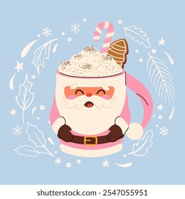 Cartão de Natal com caneca em forma de Santa CLaus. Cacau ou café decorado com chantilly, marshmallow e cana-de-doce. Produtos aromatizados sazonais, cartões de Ano Novo ou férias de inverno.