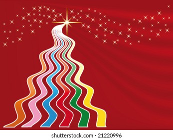 Christmas greeting card with multicolor abstract tree and bright stars on a red background