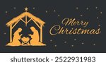 Christmas greeting card with a nativity scene. Jesus, Mary and Joseph. Vector on black background