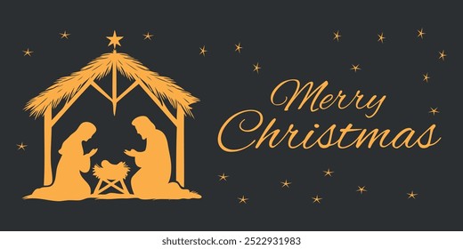 Christmas greeting card with a nativity scene. Jesus, Mary and Joseph. Vector on black background