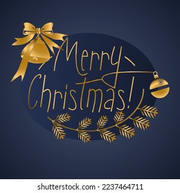 Christmas greeting card in navy blue and gold with Merry christmas