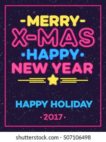 Christmas greeting card neon style with christmas wish Merry Christmas and Happy New Year on snow holiday background. Happy Holiday. Vector Illustration 