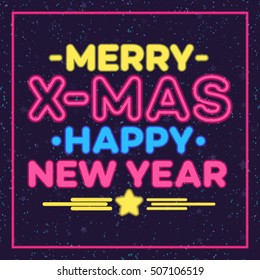 Christmas greeting card neon style with christmas wish Merry X-Mas and Happy New Year on snow holiday background and frame. Happy Holiday. Vector Illustration