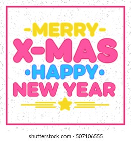 Christmas greeting card neon style with  wish Merry X-Mas and Happy New Year on white snow holiday background. Happy Holiday. Vector Illustration