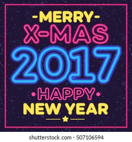 Christmas greeting card neon style with wish Merry X-Mas and Happy New Year on snow holiday background and frame. Happy Holiday. Vector Illustration