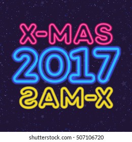 Christmas greeting card neon style with christmas wish Merry Christmas on snow holiday background and frame. Happy New Year. Happy Holiday. Vector Illustration