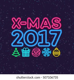 Christmas greeting card neon style with christmas wish Merry X-Mas and icons on snow holiday background and frame. Happy New Year. Happy Holiday. Vector Illustration