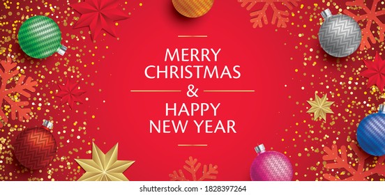 Christmas greeting card with New Year tree colorful balls, stars, and snowflakes. Winter holidays horizontal banner or flyer design. Red background vector illustration with copy space for Xmas.