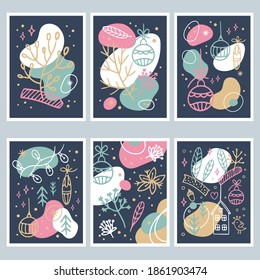 CHRISTMAS GREETING CARD New Year Winter Hand Drawn Abstract Hygge Ornament With Christmas Decoration On Dark Background Vector Illustration Set For Print