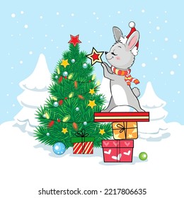 Christmas greeting card with new year bunny. Vector cartoon illustration. Chinese symbol of 2023 year