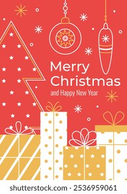 Christmas greeting card. Christmas and New Year banner, poster in modern minimalist style. Gift boxes, Christmas ornaments, snowflakes on red background. Vector