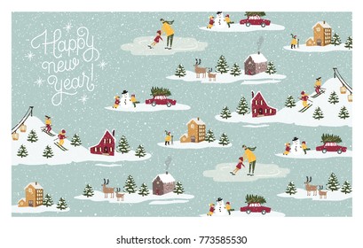 Christmas greeting card. Christmas and New Year design. Holiday winter landscape.   Merry Christmas handdraw style lettering. Vector illustration.