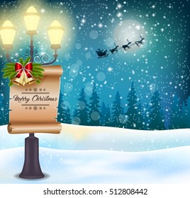 Christmas greeting card, night street. Vector illustration