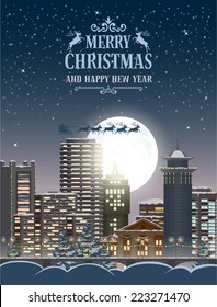 Christmas greeting card with the night urban landscape and moon. Detailed vector picture. 